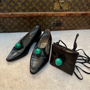 VINTAGE 90s FAUSTO SANTINI BLACK LEATHER SHOES CROSSBODY BAG GREEN MARBLE 37.5